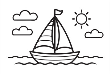 Sailboat on sea coloring page with sun and clouds for kids activity