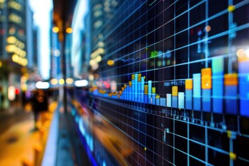 Colorful stock market chart showing growth on a digital display in a city setting at night