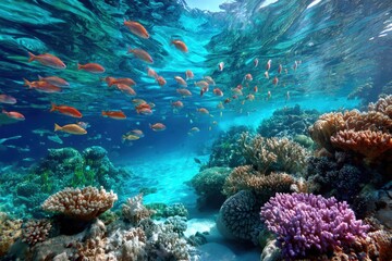 Obraz premium Vibrant Coral Reef with School of Fish Underwater