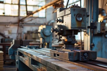 Rusty milling machine placed on workbench inside abandoned factory workshop illuminated by sunlight