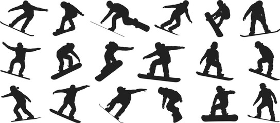 Silhouettes of snowboarders performing tricks and jumps, snowboarding action, winter sports, extreme snowboarding, snow slope, snowboard sport, winter adventure.