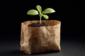 A small seedling sprouts from dark soil nestled within a crumpled brown paper bag set against a stark black background