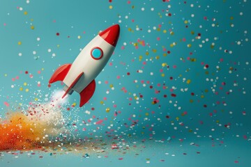 Red and white rocket launching, leaving a trail of fire and smoke, surrounded by colorful confetti on a turquoise background