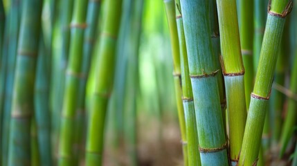 Obraz premium Close-up view of green bamboo stems in a lush bamboo forest