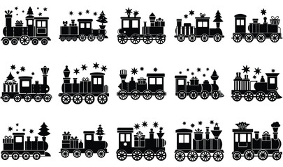 Collection of Black Silhouette Christmas Trains with Stars and Gifts Vector Illustrations holiday