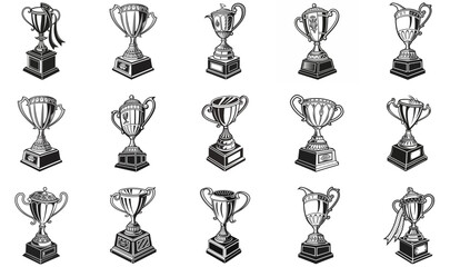 Assortment of Black and White Trophy Illustrations with Ribbons and Laurel Wreaths award prize