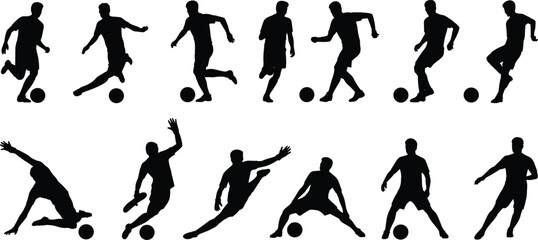 Silhouettes of soccer players in dynamic action poses, kicking ball, running, tackling, dribbling, football match movement, isolated on white background