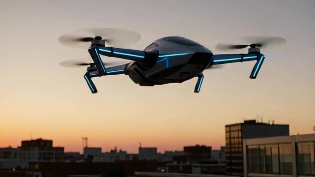 Futuristic eVTOL aircraft poised for takeoff on urban rooftop at sunset, symbolizing innovation and the future of transportation.