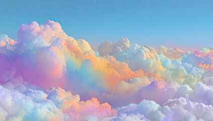 Pastel-hued cumulus cloudscape, ethereal and dreamy, bathed in soft light, extending to the horizon