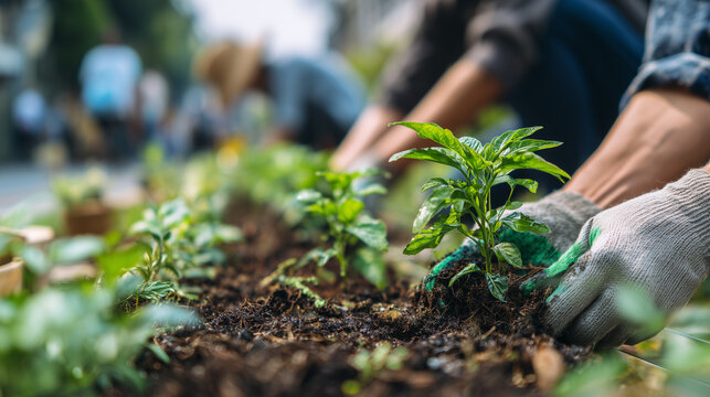 World Habitat Day community gardening with people planting vegetables, urban farming and promoting green spaces for a sustainable healthy lifestyle - Powered by Adobe