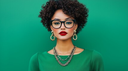A stylish woman with curly hair wearing glasses and bold red lipstick, posed against a vibrant green background.