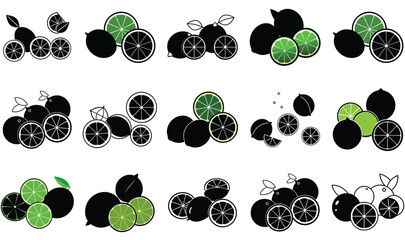 Collection of Stylized Lime Fruit Illustrations in Various Arrangements and Styles citrus food
