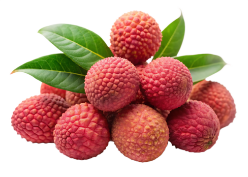 Red lychee fruits with green leaves isolated on a transparent background pink