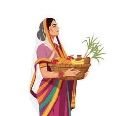 Happy Chhath Puja Beautiful Indian Woman Saree Basket Fruits Sugarcane River Sunrise Ritual Spiritual Festival Fasting Ghat Devotion PNG