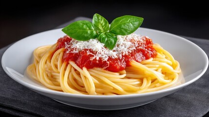Delicious spaghetti with rich tomato sauce and fresh basil waiting to be enjoyed, perfect for a festive dinner or casual meal
