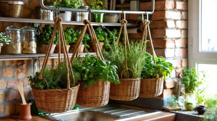A cozy kitchen with hanging baskets of fresh herbs, showcasing a vibrant, green ambiance and rustic decor.