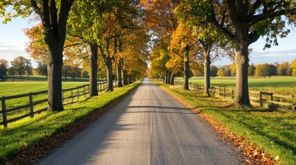 Fototapeta premium Scenic Autumn Pathway Surrounded by Colorful Trees in a Peaceful Rural Landscape