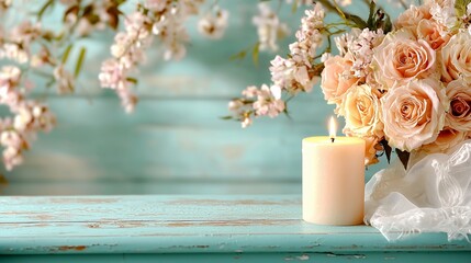 A serene arrangement featuring a lit candle beside a bouquet of soft pink roses and delicate blossoms on a rustic turquoise table.