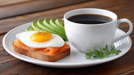 Delicious New Zealand breakfast featuring warm toast with salmon, fried egg, fresh avocado, and a cup of rich black coffee