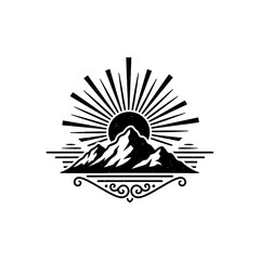 Monochrome mountain range with sunburst and decorative flourish.
