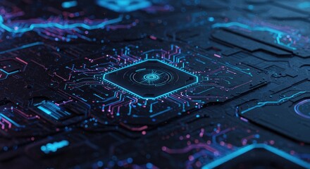 Futuristic Circuit Board with Neon Blue and Pink Lights