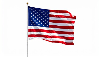 Fototapeta premium Waving U.S. flag on silver pole with gold finial against light gray background—symbolizing national pride, freedom, and unity.