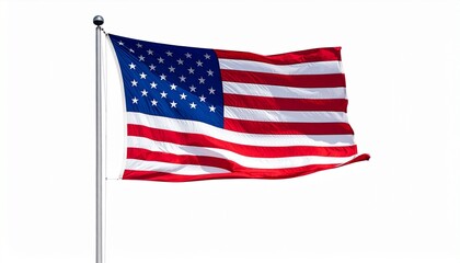 Obraz premium Waving U.S. flag on silver pole with gold finial against light gray background—symbolizing national pride, freedom, and unity.