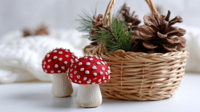 Festive basket with red mushrooms and pinecones on white background