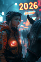 A strong, confident female equestrian in a stylish cyberpunk jacket with orange and red neon accents stands next to a powerful horse on a rooftop observation deck.