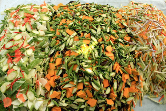 Chopped assorted vegetables displayed at the market in the Philippines