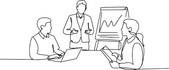 Minimalist Continuous Line Drawing of Business Meeting Presentation with Laptop and Flip Chart