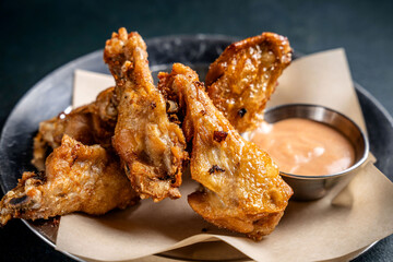 Crispy fried chicken wings with sauce