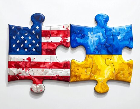 U.S. and Ukraine flags on puzzle pieces aligned side by side—symbolizing international partnership and unity. - Powered by Adobe