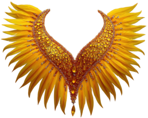 Golden feathered carnival costume collar with sparkling gemstone embellishments, vibrant yellow and orange hues, festive and luxurious design, suitable for ceremonial or parade attire