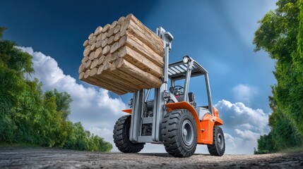 Moving wooden beams in a sunny yard with a forklift, showcasing active construction and landscaping efforts for outdoor aesthetics