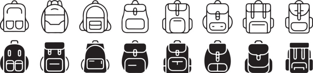 Minimalist Backpack Icon Set with Outline and Silhouette Designs