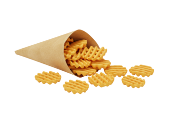 Isolated Waffle Fries spilling out of Paper Cone ready to be eaten, delicious appetizer