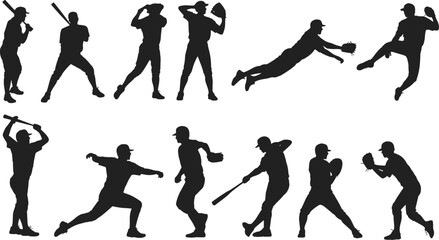 Baseball player silhouettes showing batting, pitching, catching, running, jumping, throwing, sports action, athletic poses, dynamic baseball game, outdoor sport, player movements.