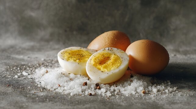 Rustic composition of halved and whole hard boiled eggs sprinkled with salt and pepper on a dark textured background