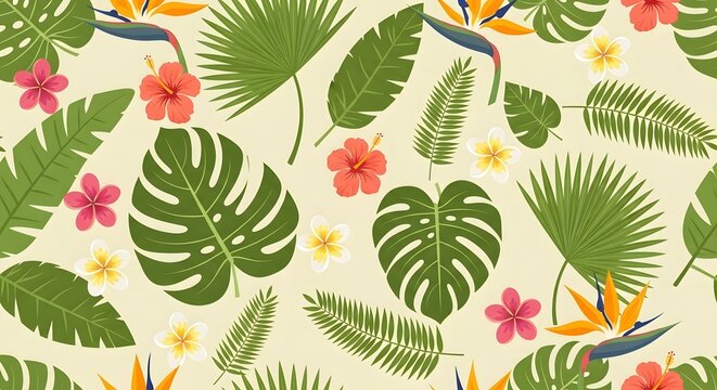 Seamless pattern of tropical leaves and flowers in flat vector style