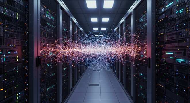 Futuristic Data Center with Glowing Network Connections - Powered by Adobe