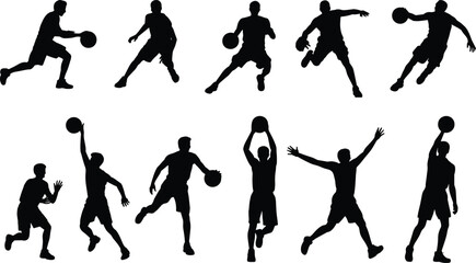 Basketball player silhouettes in motion, running, dribbling, jumping, dunking, and shooting, isolated vector set for sports design projects.