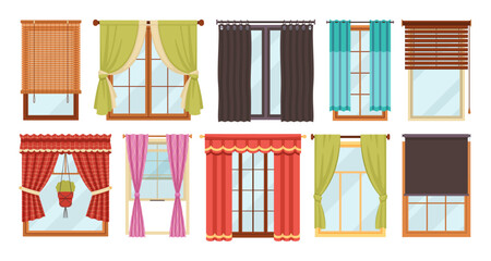 Windows with curtains. Different shapes interior drapery, home textile decor, apartment blackout elements, fabric design, hanging elegant blinds or jalousie tidy vector cartoon isolated set