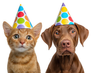 Cat dog party hat polka dot festive clipart animal celebration cute happy isolated transparency background adorable pet friendship birthday colorful cheerful mammal playful are wearing colorful