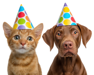 Cat dog party hat polka dot festive clipart animal celebration cute happy isolated transparency background adorable pet friendship birthday colorful cheerful mammal playful are wearing colorful
