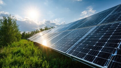 Solar panels in a field under a bright sun