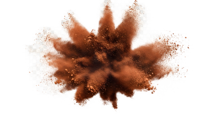 An energetic burst of fine brown powder, like cosmetic blush or cocoa, exploding mid-air with sandy particles suspended against an isolated white background