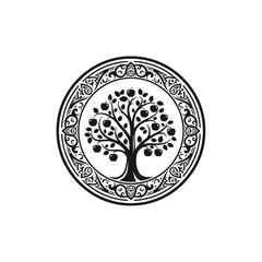 Black and white illustration of an apple tree within an ornate circular frame.