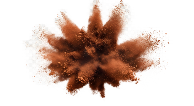 An energetic burst of fine brown powder, like cosmetic blush or cocoa, exploding mid-air with sandy particles suspended against an isolated white background