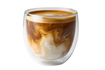 Close up shot of a layered latte coffee drink in a transparent glass against transparent background